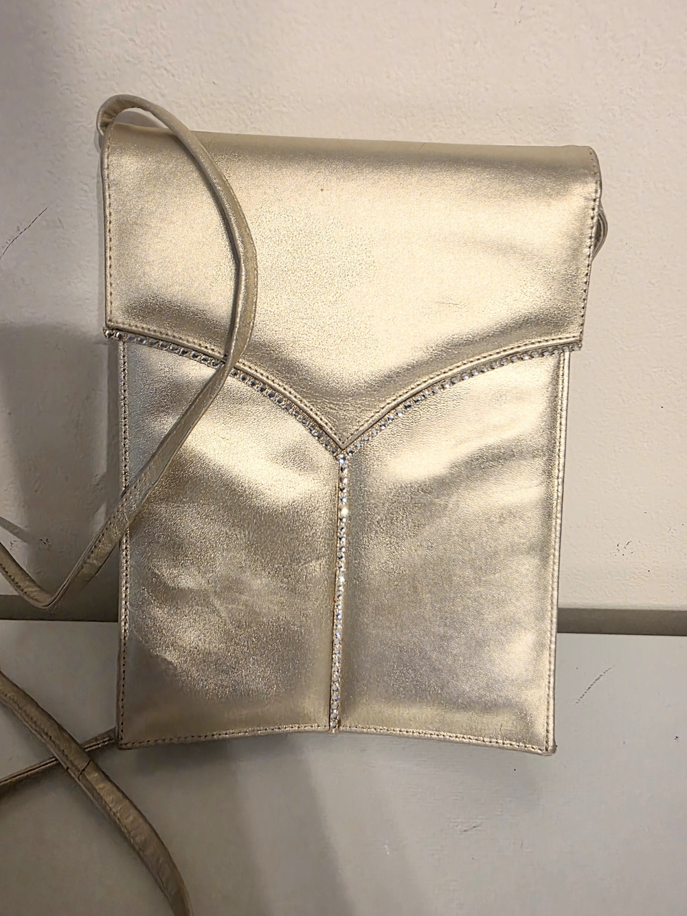 STUART WEITZMAN VINTAGE Gold Metallic Crossbody Bag with Rhinestone Trim